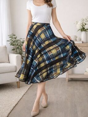 Trina Turk Size 10 A-Line Skirt Blue Yellow Plaid Flowy Midi